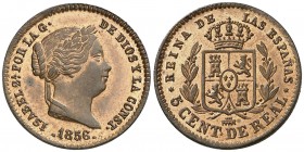 1856. Isabel II. Segovia. 5 céntimos de real. (AC. 161). 1,93 g. Bellísima. Pleno brillo original. En cápsula de la NGC como MS64 RB, nº 2705824-069. ...