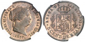1857. Isabel II. Segovia. 5 céntimos de real. (AC. 162). Reverso girado 20º aproximadamente. Bella. Brillo original. Encapsulada. Escasa así. S/C-.