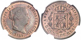 1859. Isabel II. Segovia. 5 céntimos de real. (AC. 164). Bella. Brillo original. En cápsula de la NGC como MS65 RB, nº 2604710-002. Escasa así. S/C....