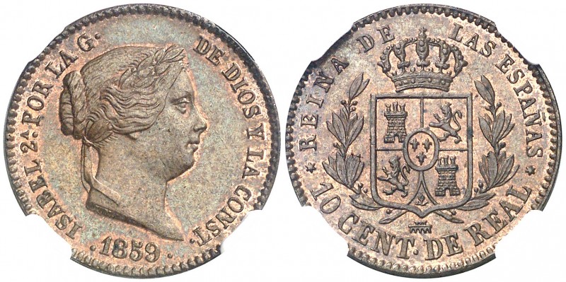 1859. Isabel II. Segovia. 10 céntimos de real. (AC. 175). Bella. Brillo original...