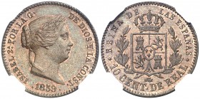1859. Isabel II. Segovia. 10 céntimos de real. (AC. 175). Bella. Brillo original. En cápsula de la NGC como MS65 BN, nº 2635335-008. S/C.