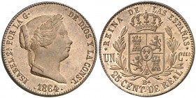 1864. Isabel II. Barcelona. 25 céntimos de real. (AC. 182, mismo ejemplar). 9,64 g. Bellísima. Brillo original. Parece una prueba. En cápsula de la NG...