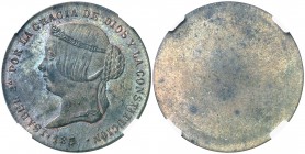 185-. Isabel II. (Madrid). 25 céntimos de real. (AC. falta). Prueba no adoptada de anverso de Fernández Pescador. Bella. Encapsulada. Rara. EBC+.