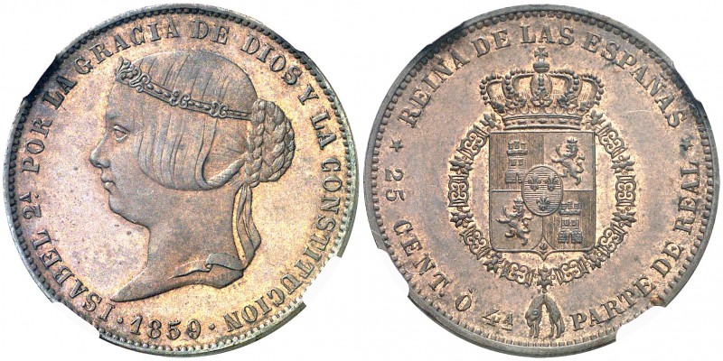 1859. Isabel II. (Madrid). 25 céntimos de real. (AC. 185). Prueba no adoptada de...