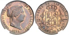 1854. Isabel II. Segovia. 25 céntimos de real. (AC. 187). Bellísima. Brillo original. Encapsulada. Rara así. S/C.