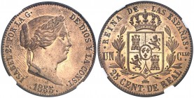 1855. Isabel II. Segovia. 25 céntimos de real. (AC. 188). Bella. Brillo original. En cápsula de la NGC como MS64 RB, nº 4714017-001. Rara así. FDC....