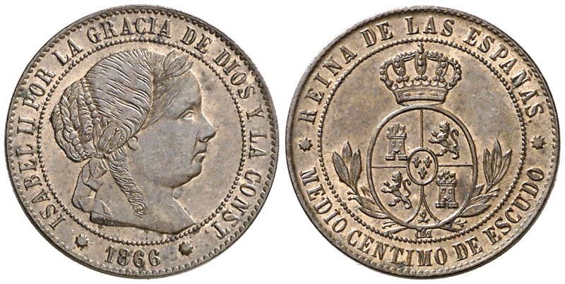 1866. Isabel II. Barcelona. OM. 1/2 céntimo de escudo. (AC. 199). Bella. En cáps...