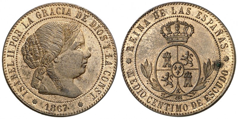 1867. Isabel II. Barcelona. OM. 1/2 céntimo de escudo. (AC. 200). 1,26 g. Bella....