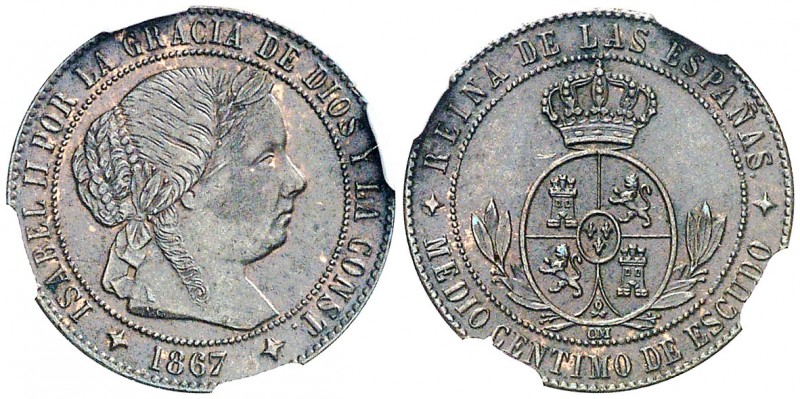 1867. Isabel II. Jubia. OM. 1/2 céntimo de escudo. (AC. 203). Bella. Encapsulada...
