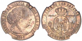 1867. Isabel II. (París). OM. 1/2 céntimo de escudo. (AC. 207). 1,22 g. Sin marca de ceca. ESSAI - BRONZE en reverso. Bella. Brillo original. En cápsu...