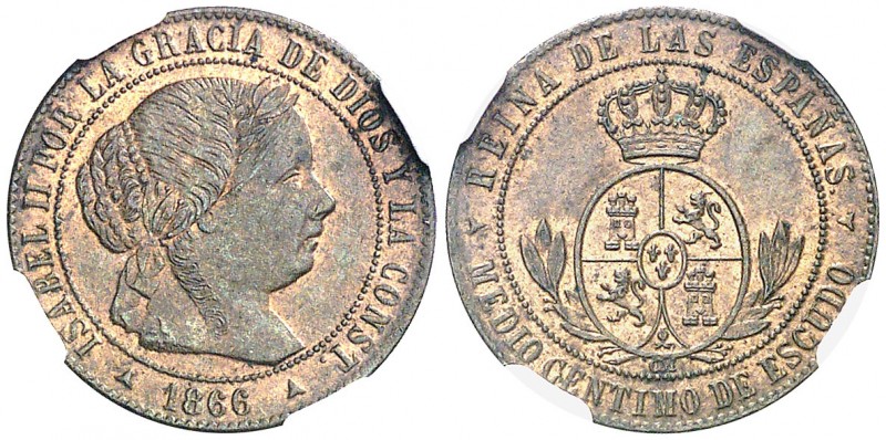 1866. Isabel II. Segovia. OM. 1/2 céntimo de escudo. (AC. 208). Atractiva. Encap...