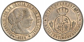 1868. Isabel II. Sevilla. OM. 1/2 céntimo de escudo. (AC. 212). Bella. Brillo original. En cápsula de la NGC como MS64 RB, nº 2619562-001. Ex Áureo & ...