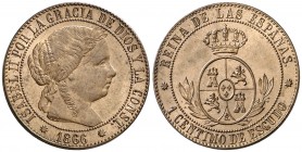 1866. Isabel II. Barcelona. 1 céntimo de escudo. (AC. 213). Sin OM. Bella. Brillo original. En cápsula de la NGC como MS65 RB, nº 2607965-014. Ex Áure...