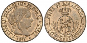 1867. Isabel II. Barcelona. OM. 1 céntimo de escudo. (AC. 215). 2,43 g. Bella. En cápsula de la NGC como MS64 RB, nº 2705824-072. Ex Colección O'Calla...