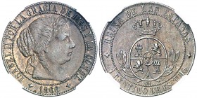 1866. Isabel II. Jubia. OM. 1 céntimo de escudo. (AC. 218). Atractiva. Encapsulada. Escasa. EBC-.