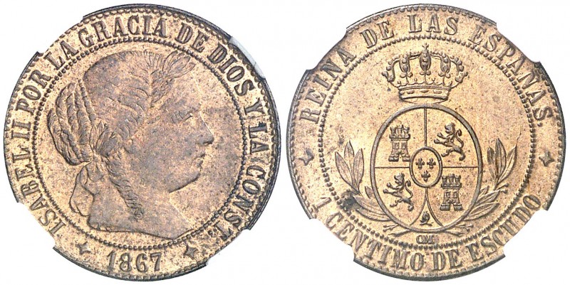 1867. Isabel II. Jubia. OM. 1 céntimo de escudo. (AC. 219). Atractiva. Encapsula...