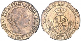 1867. Isabel II. Jubia. OM. 1 céntimo de escudo. (AC. 219). Atractiva. Encapsulada. EBC/EBC+.