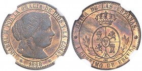 1868. Isabel II. Sevilla. OM. 1 céntimo de escudo. (AC. 229). Parte de brillo original. En cápsula de la NGC como MS63 RB, nº 2800890-036. EBC.