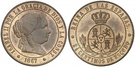 1867. Isabel II. Barcelona. OM. 2 1/2 céntimos de escudo. (AC. 232, mismo ejemplar). 6,28 g. Bella. Pleno brillo original. En cápsula de la NGC como M...