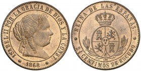 1868. Isabel II. Barcelona. OM. 2 1/2 céntimos de escudo. (AC. 233). 6 g. Bella. Brillo original. En cápsula de la NGC como MS65 RB, nº 2705824-075. E...