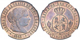 1868. Isabel II. Jubia. OM. 2 1/2 céntimos de escudo. (AC. 237) (Casal Fernández & Núñez Meneses 169, mismo ejemplar). Bella. En cápsula de la NGC com...