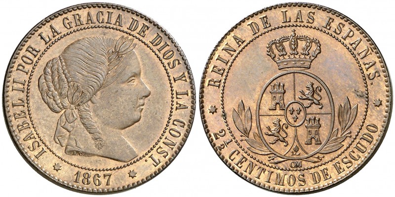 1867. Isabel II. Sevilla. OM. 2 1/2 céntimos de escudo. (AC. 242, mismo ejemplar...