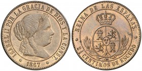 1867. Isabel II. Sevilla. OM. 2 1/2 céntimos de escudo. (AC. 242, mismo ejemplar). 6,15 g. Bella. Brillo original. Encapsulada. Ex Colección O'Callagh...