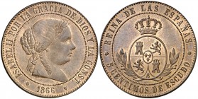 1866. Isabel II. Barcelona. 5 céntimos de escudo. (AC. 244). 12,58 g. Sin OM. Bella. Encapsulada. Ex Colección Ègara 26/04/2017, nº 1194. Escasa así. ...