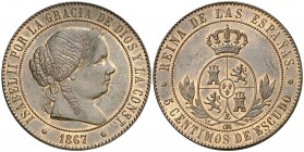 1867. Isabel II. Barcelona. OM. 5 céntimos de escudo. (AC. 245, mismo ejemplar). 12,47 g. Bella. Brillo original. En cápsula de la NGC como MS63 BN, n...