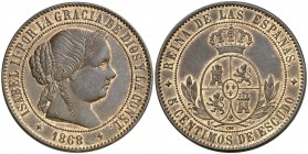 1868. Isabel II. Jubia. OM. 5 céntimos de escudo. (AC. 249) (Casal Fernández & Núñez Meneses 172, mismo ejemplar). 12,25 g. OM pequeño. Bella. Parte d...