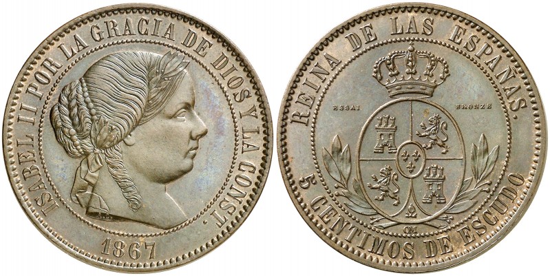 1867. Isabel II. (París). OM. 5 céntimos de escudo. (AC. 257). 12,28 g. Sin marc...