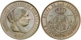 1867. Isabel II. (París). OM. 5 céntimos de escudo. (AC. 257). 12,28 g. Sin marca de ceca. ESSAI - BRONZE en reverso. Bellísima. En cápsula de la NGC ...