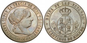 1866. Isabel II. Segovia. OM. 5 céntimos de escudo. (AC. 258). 12,21 g. Bella. Precioso color. En cápsula de la NGC como MS64 BN, nº 2705824-024. Ex C...