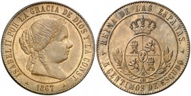 1867. Isabel II. Segovia. OM. 5 céntimos de escudo. (AC. 259). 13,13 g. Bella. En cápsula de la NGC como MS64 BN, nº 4446172-003. Ex Colección O'Calla...