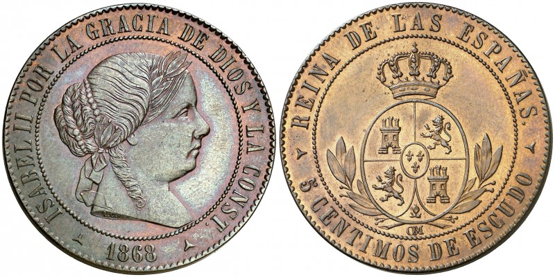 1868. Isabel II. Segovia. OM. 5 céntimos de escudo. (AC. 260). 12,44 g. Muy bell...