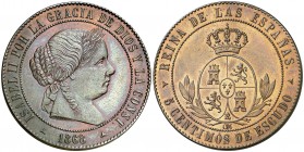 1868. Isabel II. Segovia. OM. 5 céntimos de escudo. (AC. 260). 12,44 g. Muy bella. Parte de brillo original. En cápsula de la NGC como MS64 BN, nº 270...