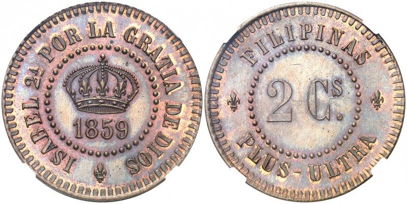 1859. Isabel II. Manila. 2 centavos. (AC. 263) (Kr. Pn13). Prueba no adoptada. B...