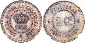 1859. Isabel II. Manila. 2 centavos. (AC. 263) (Kr. Pn13). Prueba no adoptada. Bella. Preciosa pátina. Parte de brillo original. En cápsula de la NGC ...