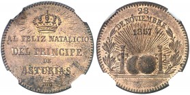 1857. Isabel II. Segovia. Nacimiento de Alfonso XII. (V. 402) (V.Q. 14331). Ø20 mm. Bronce. Parte de brillo original. Encapsulada. EBC+.