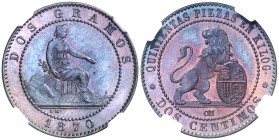 1870. Gobierno Provisional. Barcelona. OM. 2 céntimos. (AC. 4). Bella. Pátina rojiza. En cápsula de la NGC como MS66 BN, nº 4340703-003. Escasa así. F...