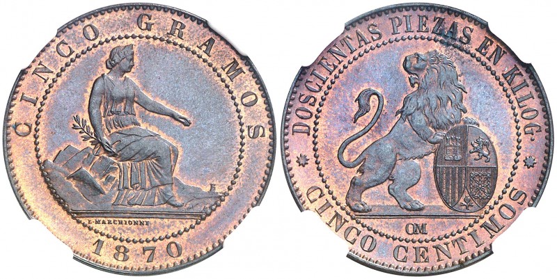 1870. Gobierno Provisional. Barcelona. OM. 5 céntimos. (AC. 5). Bella. Brillo or...