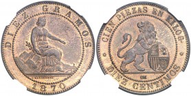 1870. Gobierno Provisional. Barcelona. OM. 10 céntimos. (AC. 8). Bella. Brillo original. En cápsula de la NGC como MS65 RB, nº 2639000-007. Rara así. ...