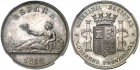 1868. Gobierno Provisional. Madrid. Medalla que sirvió de prueba para el "duro" de 1869. (AC. 36) (V.Q. 14373). Ø36 mm. Plata. Grabador: L. M. (Luis M...