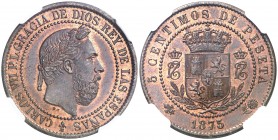 1875. Carlos VII, Pretendiente. Oñate. 5 céntimos. (AC. 2). Coincidente. Muy bella. Pleno brillo original. En cápsula de la NGC como MS66 RB, nº 26114...