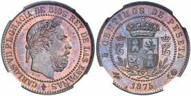 1875. Carlos VII, Pretendiente. Oñate. 5 céntimos. (AC. 3). No coincidente. Bella. Preciosa pátina. En cápsula de la NGC como MS65 RB, nº 2628835-005....