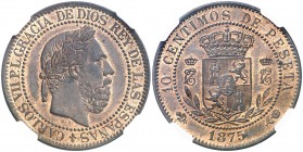 1875. Carlos VII, Pretendiente. Oñate. 10 céntimos. (AC. 5). Bella. Brillo original. En cápsula de la NGC como MS64 RB, nº 2635433-001. Rara así. S/C....