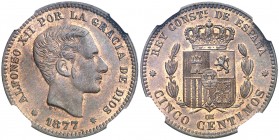 1877. Alfonso XII. Barcelona. OM. 5 céntimos. (AC. 4). Bella. Brillo original. En cápsula de la NGC como MS65 BN, nº 2782341-005. Escasa así. S/C.