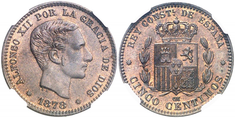 1878. Alfonso XII. Barcelona. OM. 5 céntimos. (AC. 5). Bella. Parte de brillo or...