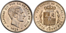 1879. Alfonso XII. Barcelona. OM. 5 céntimos. (AC. 6). 5,13 g. Parte de brillo original. Encapsulada. EBC.
