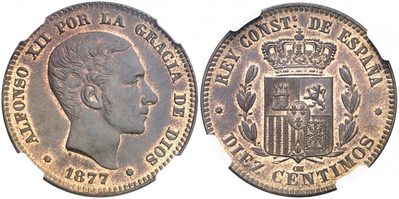 1877. Alfonso XII. Barcelona. OM. 10 céntimos. (AC. 8). Bella. Parte de brillo o...